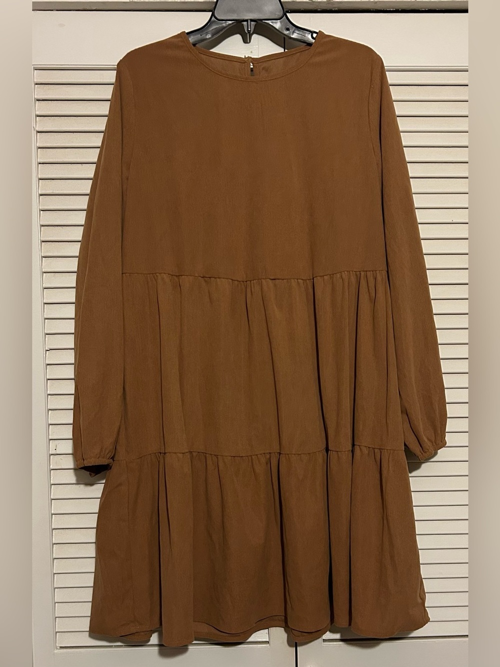Womens Midi Tiered Long-Sleeve Dress - Brown corduroy look but lightweight